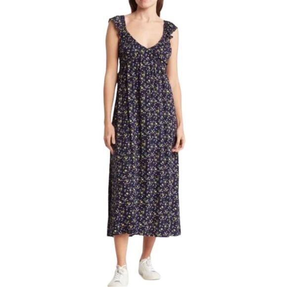 Lush Navy Blue Floral Flutter Sleeveless Empire Waist V-Neck Midi Dress Medium - Picture 1 of 13
